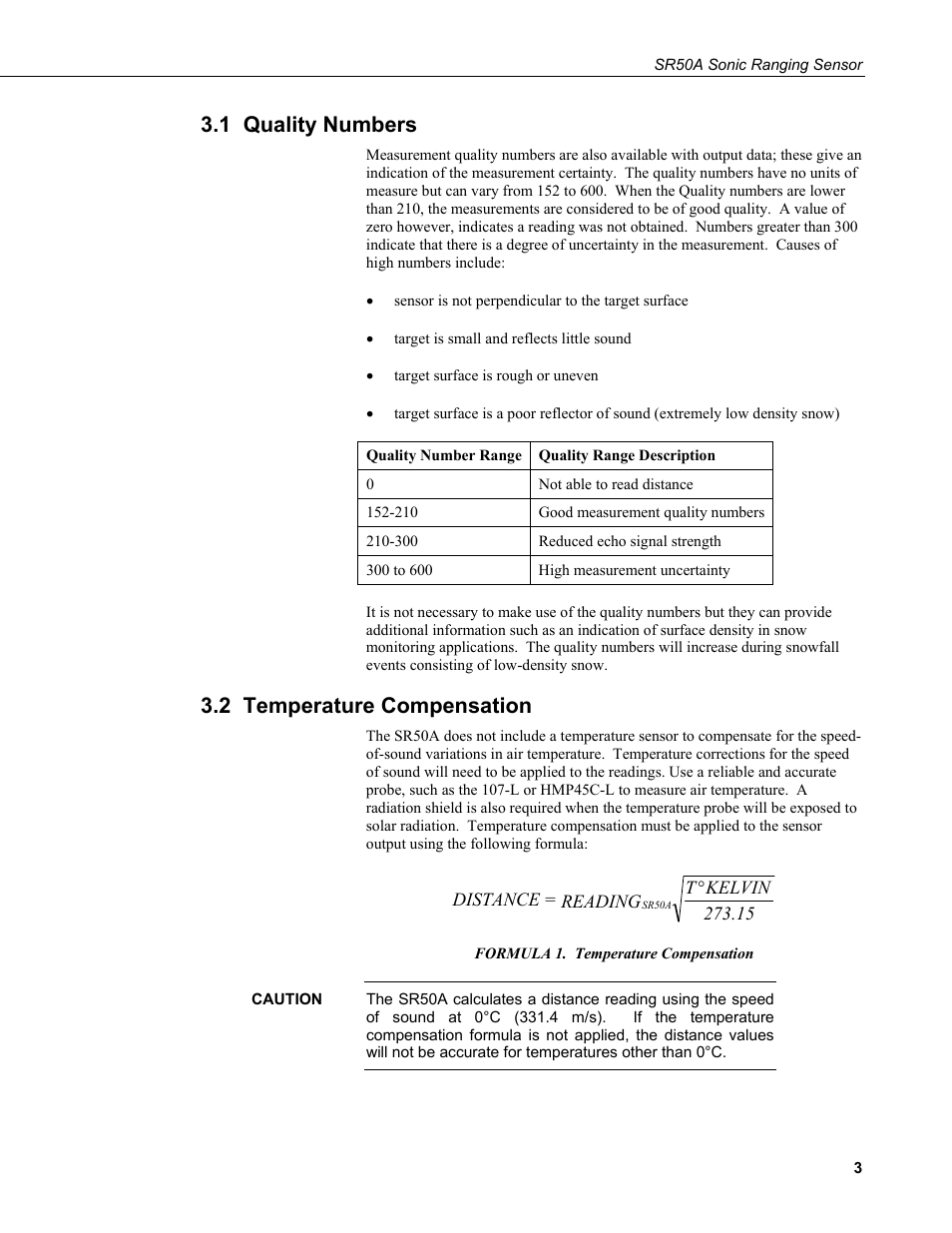 1 quality numbers, 2 temperature compensation | Campbell Scientific SR50A Distance Sensor User Manual | Page 9 / 42