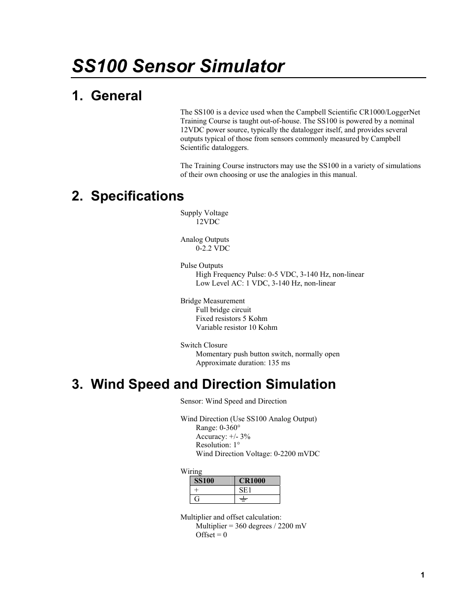 Ss100 sensor simulator, General, Specifications | Wind speed and direction simulation | Campbell Scientific SS100 Sensor Simulator User Manual | Page 5 / 10