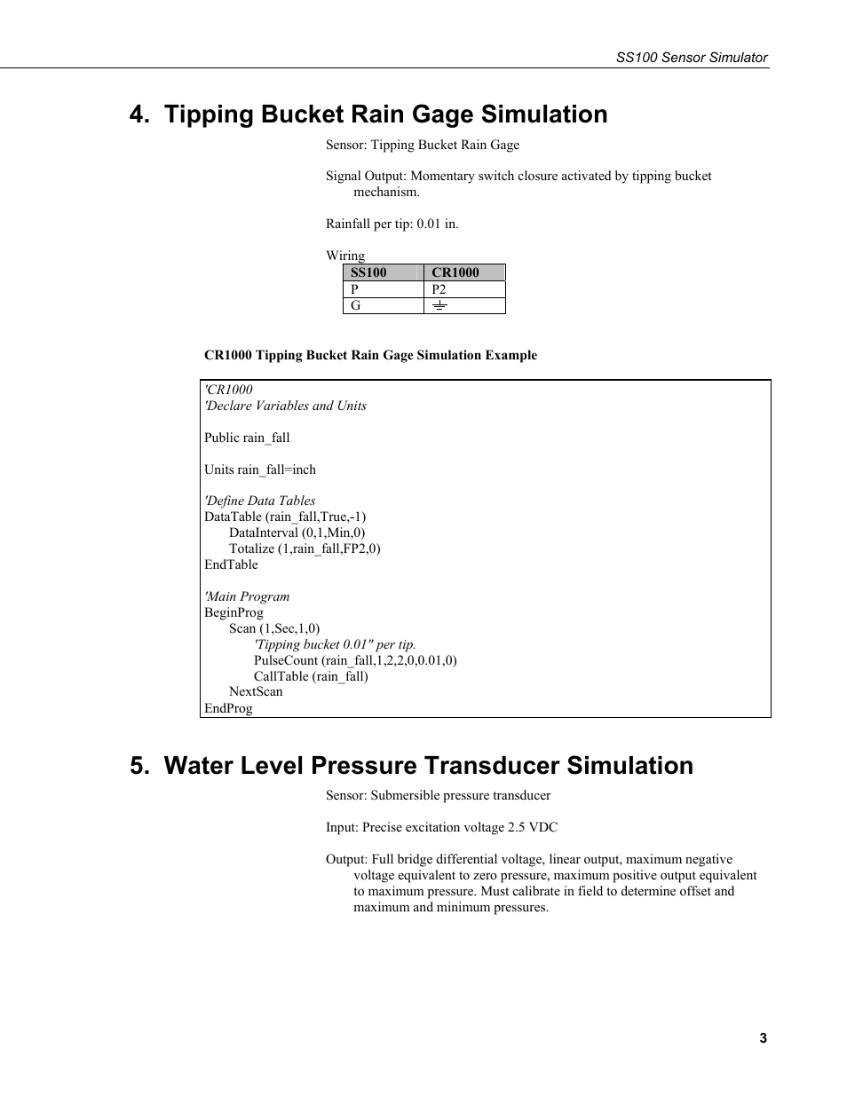 Tipping bucket rain gage simulation, Water level pressure transducer simulation | Campbell Scientific SS100 Sensor Simulator User Manual | Page 7 / 10