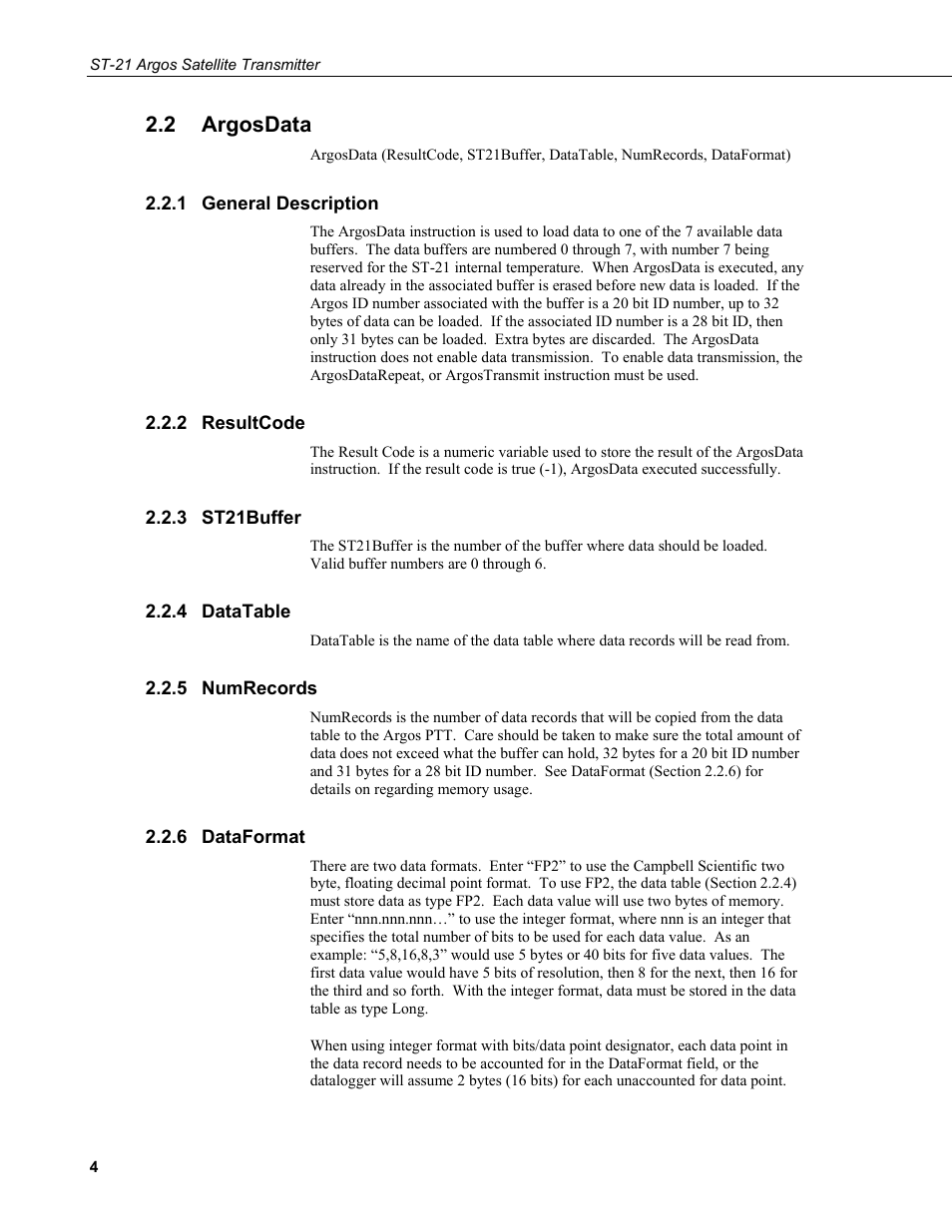 2 argosdata, 1 general description, 2 resultcode | 3 st21buffer, 4 datatable, 5 numrecords, 6 dataformat, Argosdata, General description, Resultcode | Campbell Scientific ST-21 Argos Satellite Transmitter User Manual | Page 10 / 16