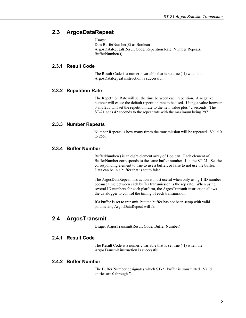 3 argosdatarepeat, 1 result code, 2 repetition rate | 3 number repeats, 4 buffer number, 4 argostransmit, 2 buffer number, Argosdatarepeat, Result code, Repetition rate | Campbell Scientific ST-21 Argos Satellite Transmitter User Manual | Page 11 / 16