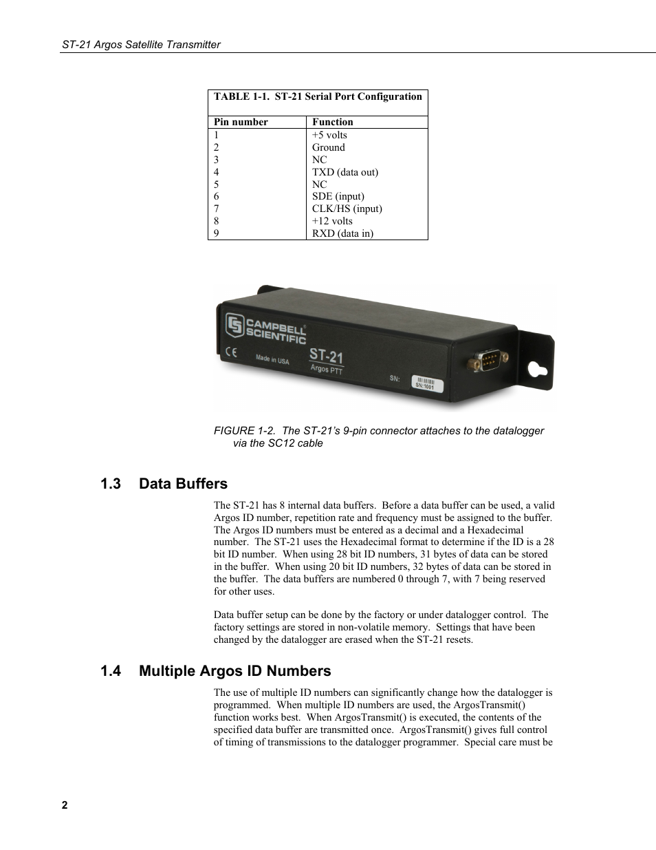 3 data buffers, 4 multiple argos id numbers, Data buffers | Multiple argos id numbers, Sc12 cable, 1. st-21 serial port configuration | Campbell Scientific ST-21 Argos Satellite Transmitter User Manual | Page 8 / 16