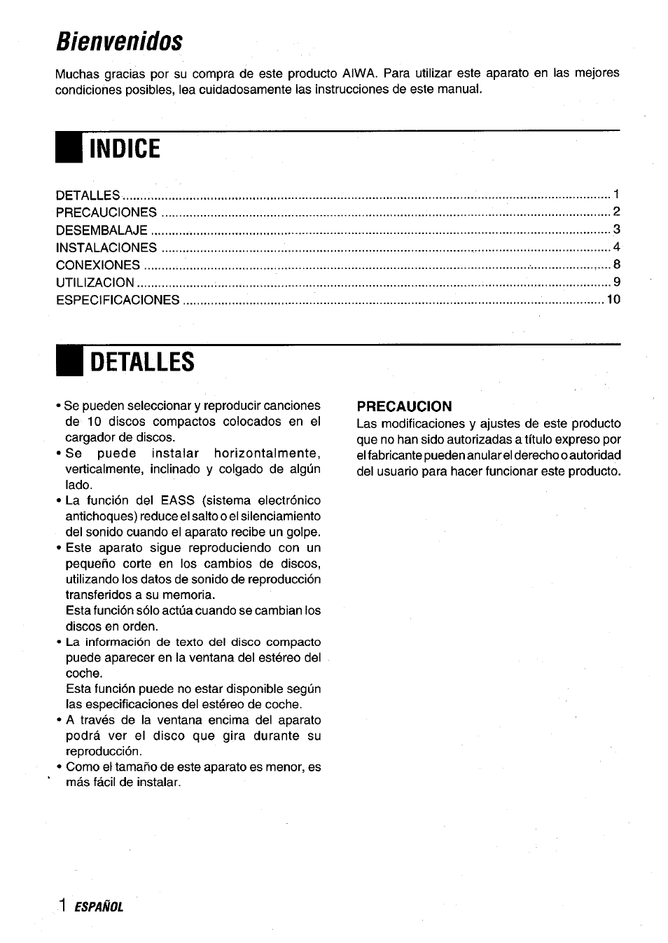 Indice, Detalles, Bienvenidos | Aiwa ADC-EXI06 User Manual | Page 12 / 32