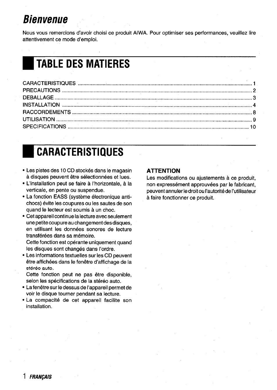 Table des matieres, Caracteristiques, Bienvenue | Aiwa ADC-EXI06 User Manual | Page 22 / 32