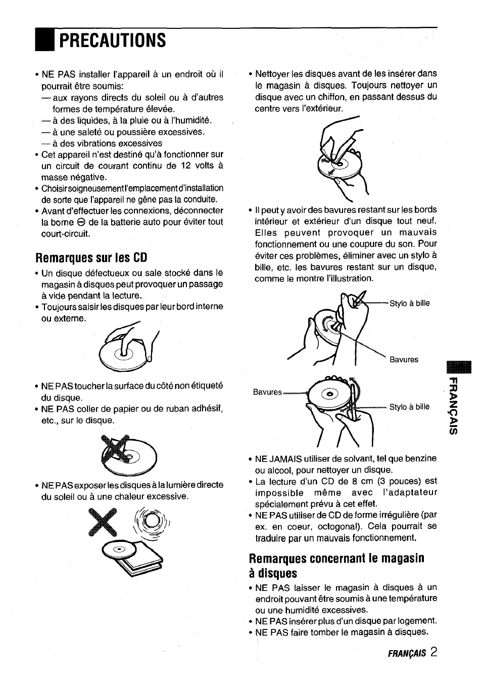 Precautions, Remarques sur les cd, Remarques concernant le magasin à disques | Aiwa ADC-EXI06 User Manual | Page 23 / 32