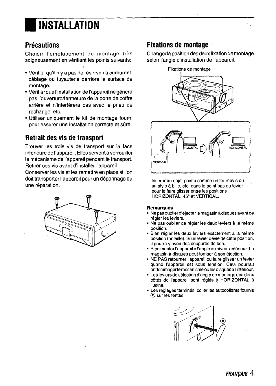 Installation, Installations, Précautions | Retrait des vis de transport, Fixations de montage | Aiwa ADC-EXI06 User Manual | Page 25 / 32