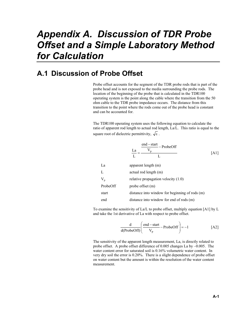 A.1 discussion of probe offset, Discussion of tdr probe offset and a simple, Appendix a | Campbell Scientific TDR Probes CS605, CS610, CS630, CS635, CS640, CS645 User Manual | Page 15 / 28