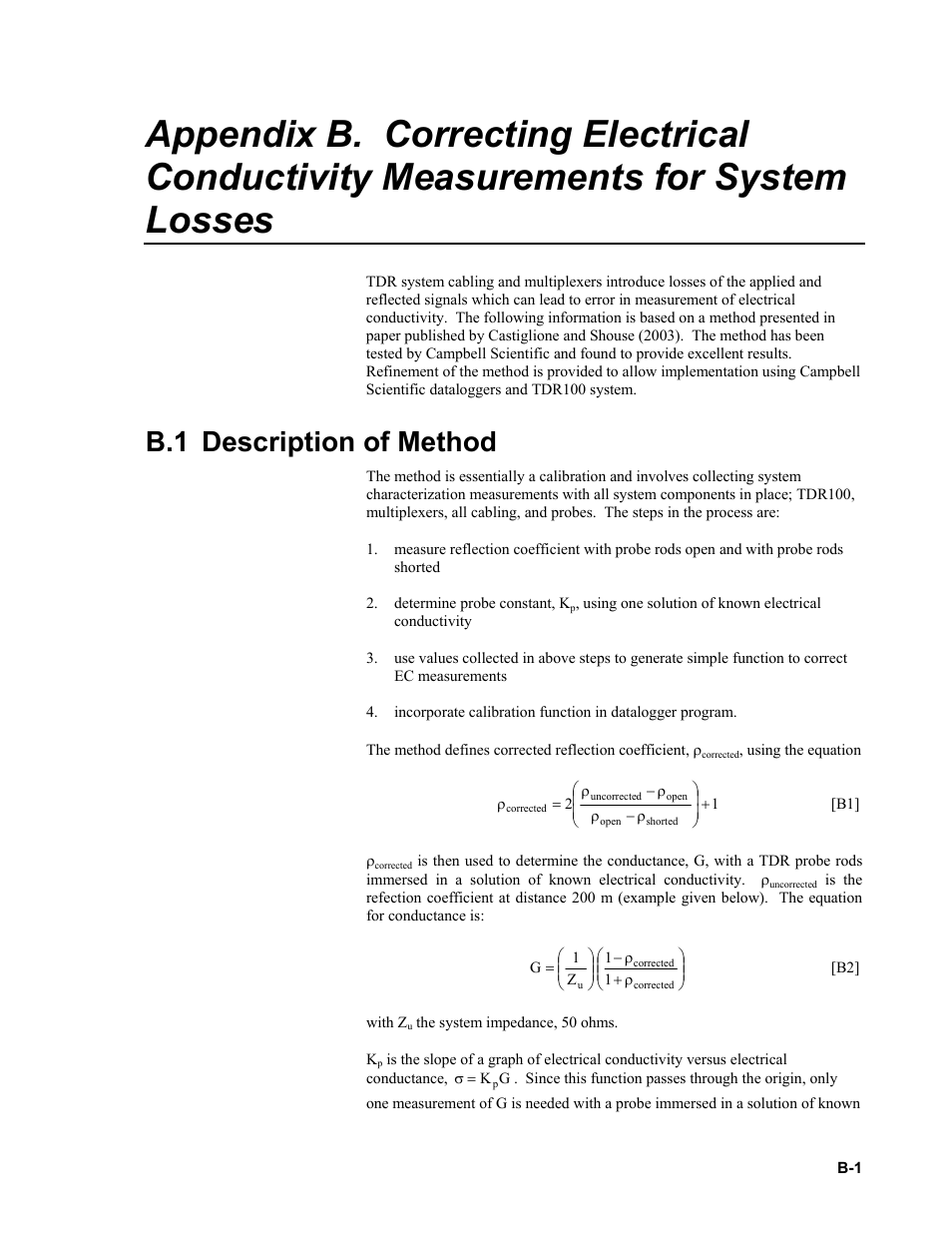 B.1 description of method, Correcting electrical conductivity, Appendix b | Campbell Scientific TDR Probes CS605, CS610, CS630, CS635, CS640, CS645 User Manual | Page 21 / 28