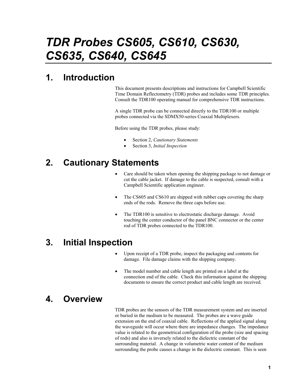 Introduction, Cautionary statements, Initial inspection | Overview | Campbell Scientific TDR Probes CS605, CS610, CS630, CS635, CS640, CS645 User Manual | Page 7 / 28
