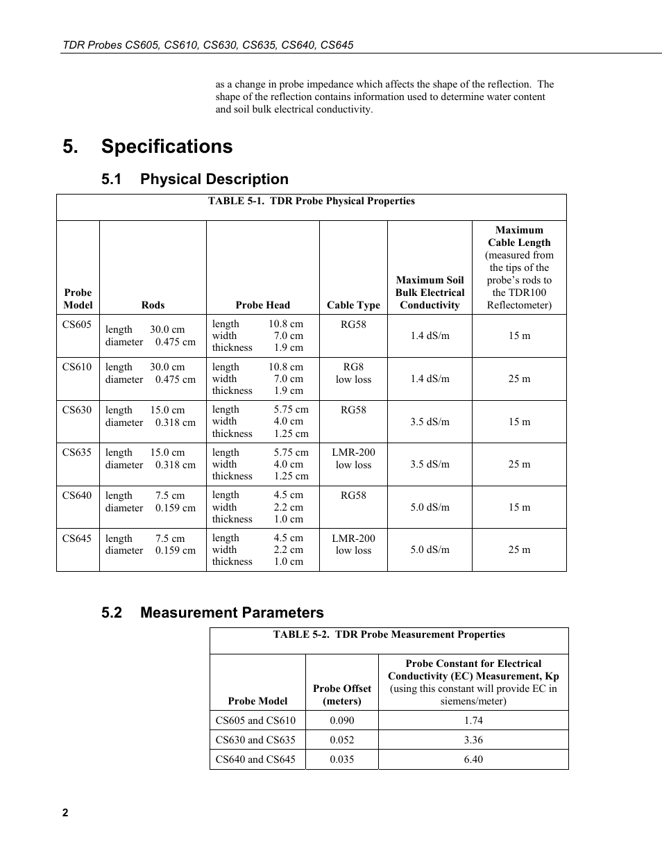 Specifications, 1 physical description, 2 measurement parameters | Physical description, Measurement parameters, 1. tdr probe physical properties, 2. tdr probe measurement properties | Campbell Scientific TDR Probes CS605, CS610, CS630, CS635, CS640, CS645 User Manual | Page 8 / 28