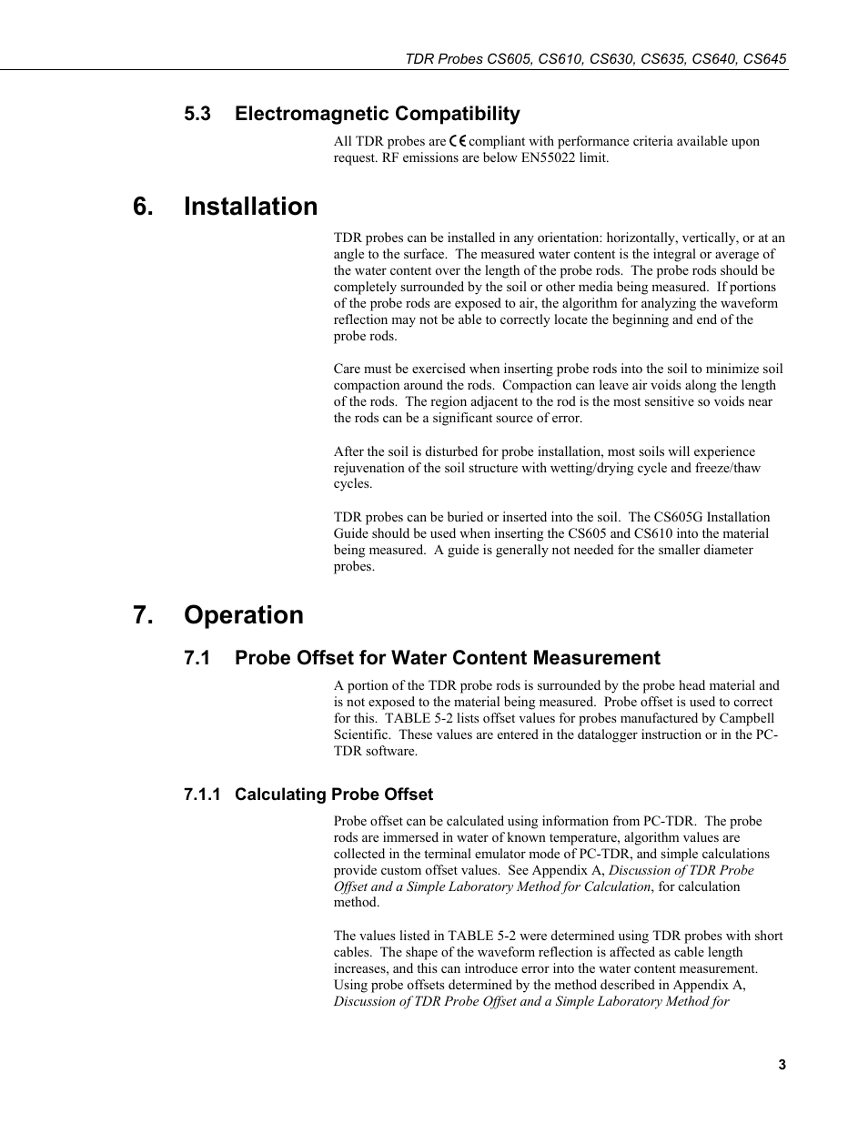 3 electromagnetic compatibility, Installation, Operation | 1 probe offset for water content measurement, 1 calculating probe offset, Electromagnetic compatibility, Probe offset for water content measurement, Calculating probe offset | Campbell Scientific TDR Probes CS605, CS610, CS630, CS635, CS640, CS645 User Manual | Page 9 / 28