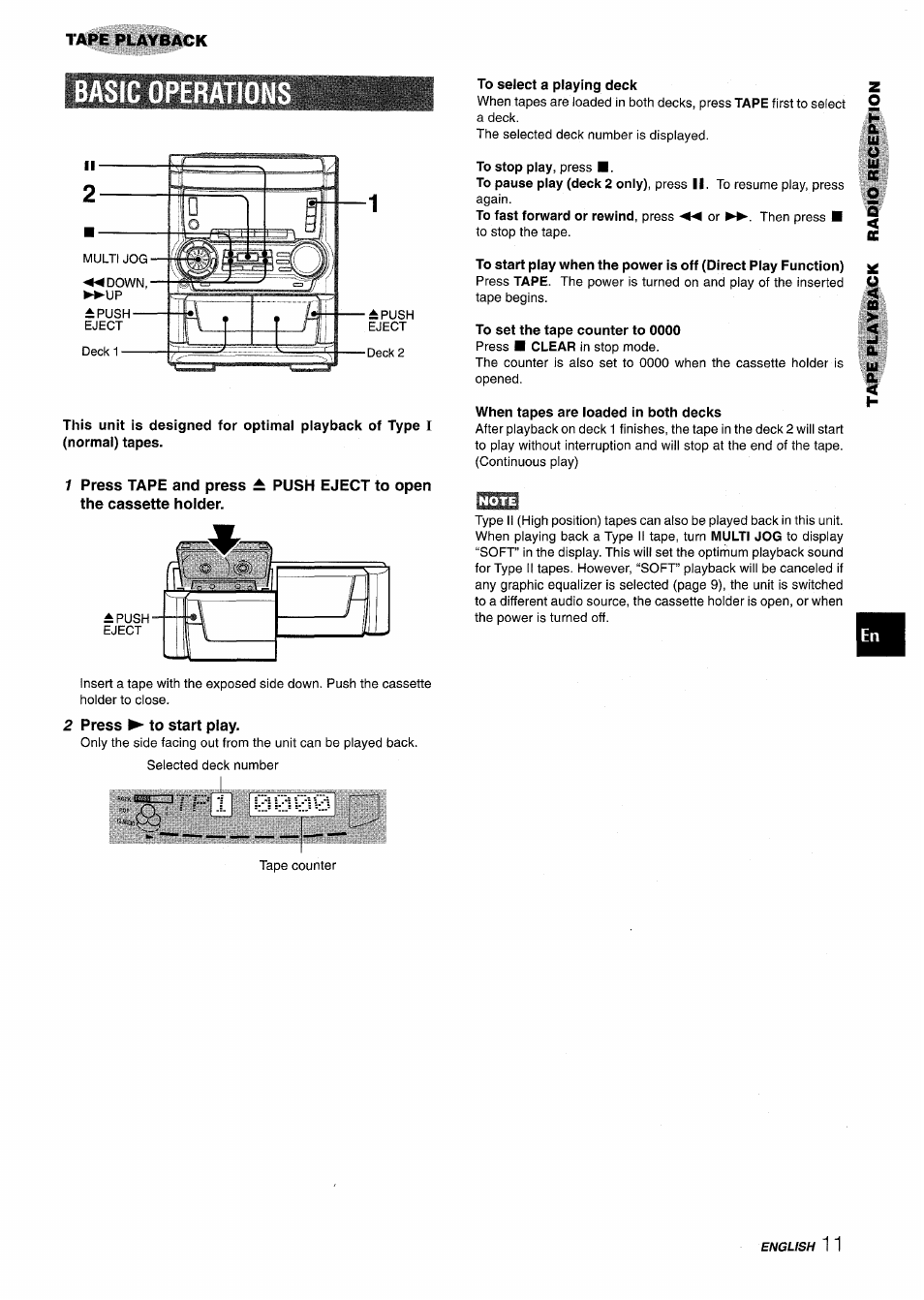 Basic operati, To select a playing deck, When tapes are loaded in both decks | 2 press ► to start play, Basic operations | Aiwa NSX-A555 User Manual | Page 11 / 68