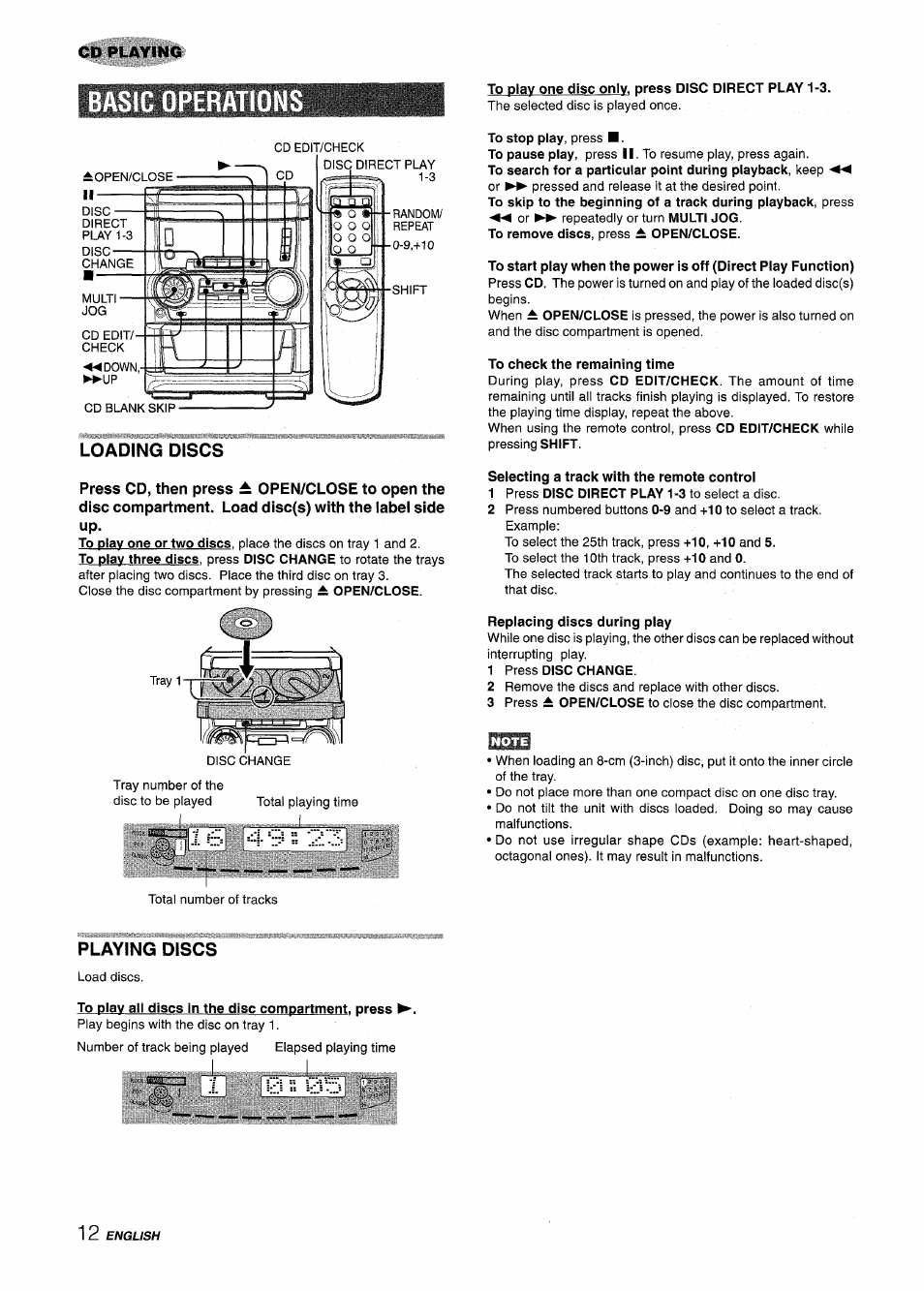 Basic operations, To play one disc only, press disc direct play 1-3, Loading discs | To check the remaining time, Selecting a track with the remote control, Replacing discs during play, 1 press disc change, Playing discs, To play all discs in the disc compartment, press i | Aiwa NSX-A555 User Manual | Page 12 / 68