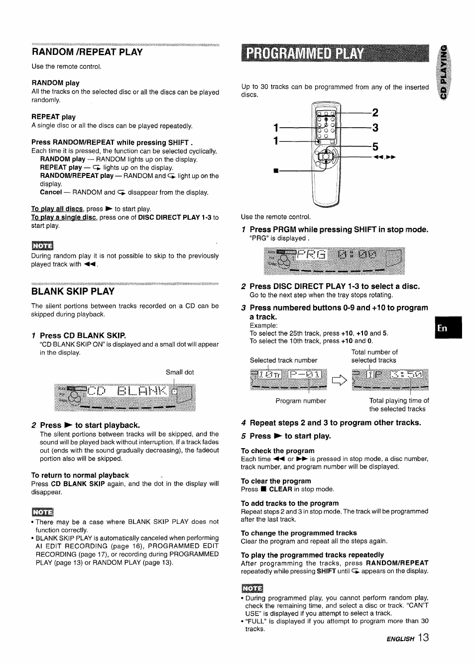 Random /repeat play, Random play, Repeat play | Press random/repeat while pressing shift, Programm, 1 press prgm while pressing shift in stop mode, Blank skip play, 7 press cd blank skip, 2 press ^ to start playback, To return to normal playback | Aiwa NSX-A555 User Manual | Page 13 / 68