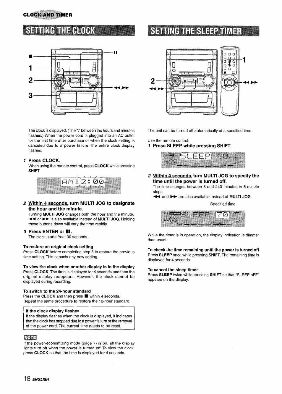 Setting the sleep time, 1 press clock, 3 press enter or ii | To restore an original clock setting, To switch to the 24-hour standard, If the clock display flashes, 1 press sleep while pressing shift, To cancel the sleep timer, Setting the sleep timer, Setting the clog setting the sleep time | Aiwa NSX-A555 User Manual | Page 18 / 68