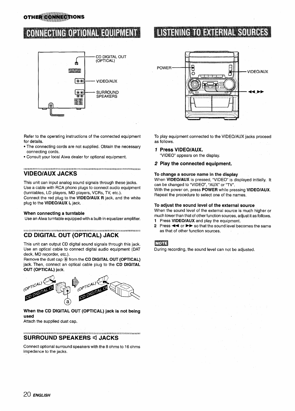 Video/aux jacks, Cd digital out (optical) jack, Surround speakers “cl jacks | 1 press video/aux, 2 play the connected equipment, Other connections | Aiwa NSX-A555 User Manual | Page 20 / 68