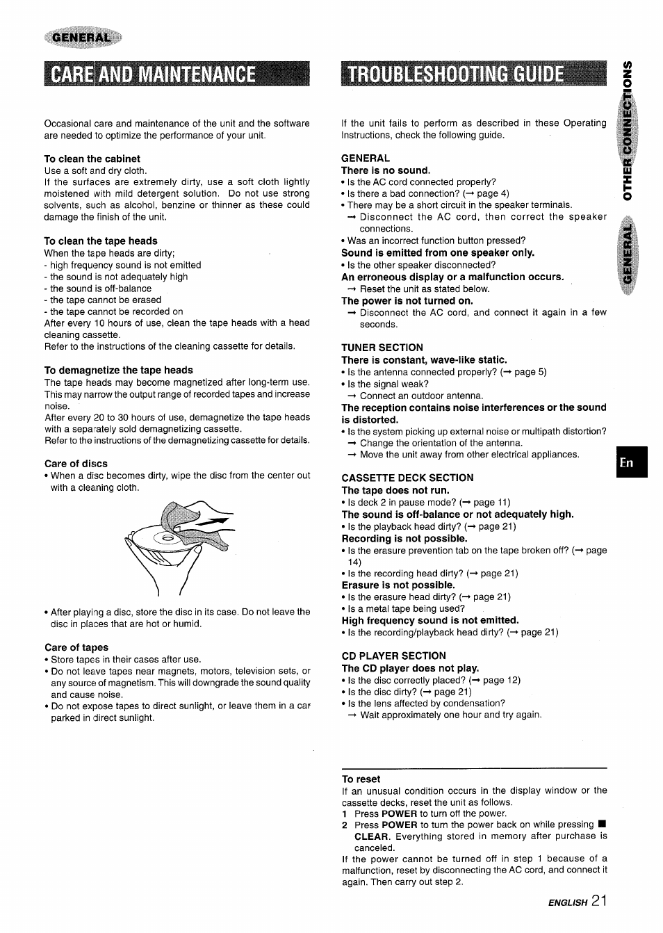 Care and maintenance, To clean the cabinet, To clean the tape heads | To demagnetize the tape heads, Care of discs, Troubleshooting guide, Care of tapes, General there is no sound, Tuner section, Cassette deck section the tape does not run | Aiwa NSX-A555 User Manual | Page 21 / 68