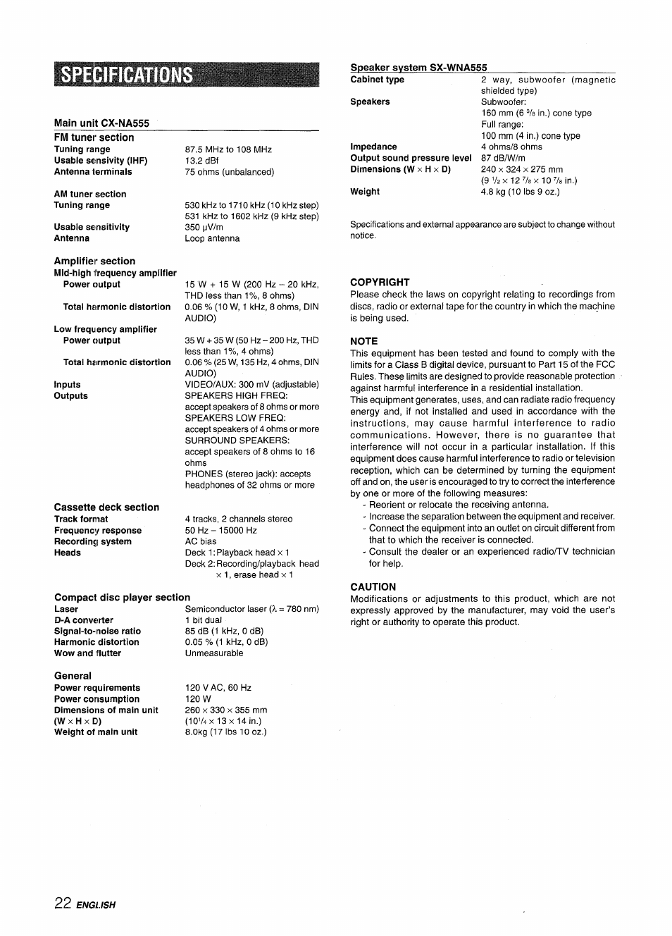Specification, Speaker system sx-wna555, Main unit cx-na555 | Compact disc player section, General, Copyright, Note, Caution, Specifications | Aiwa NSX-A555 User Manual | Page 22 / 68