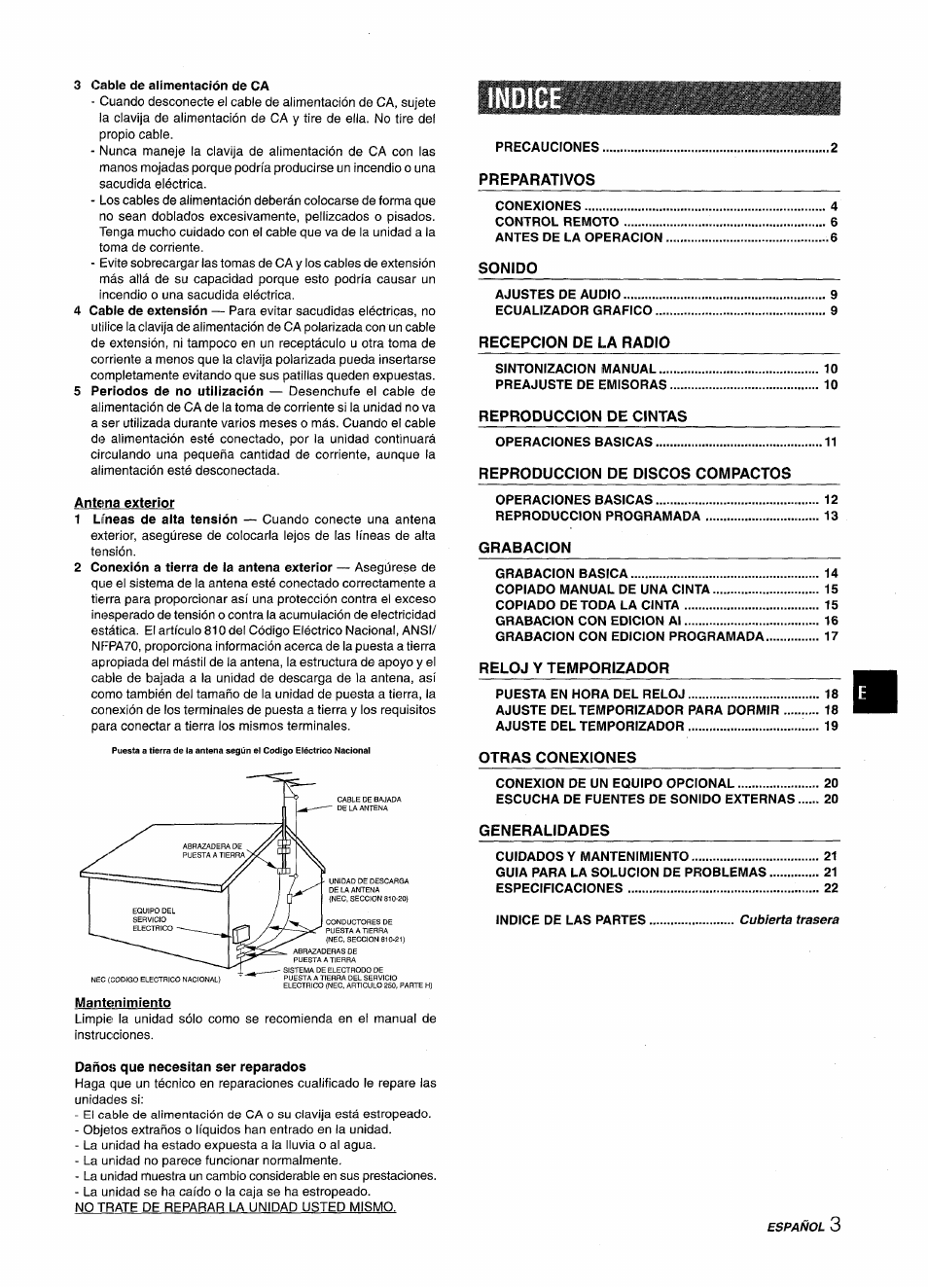 Antena exterior, Mantenimiento, Indice | Aiwa NSX-A555 User Manual | Page 25 / 68