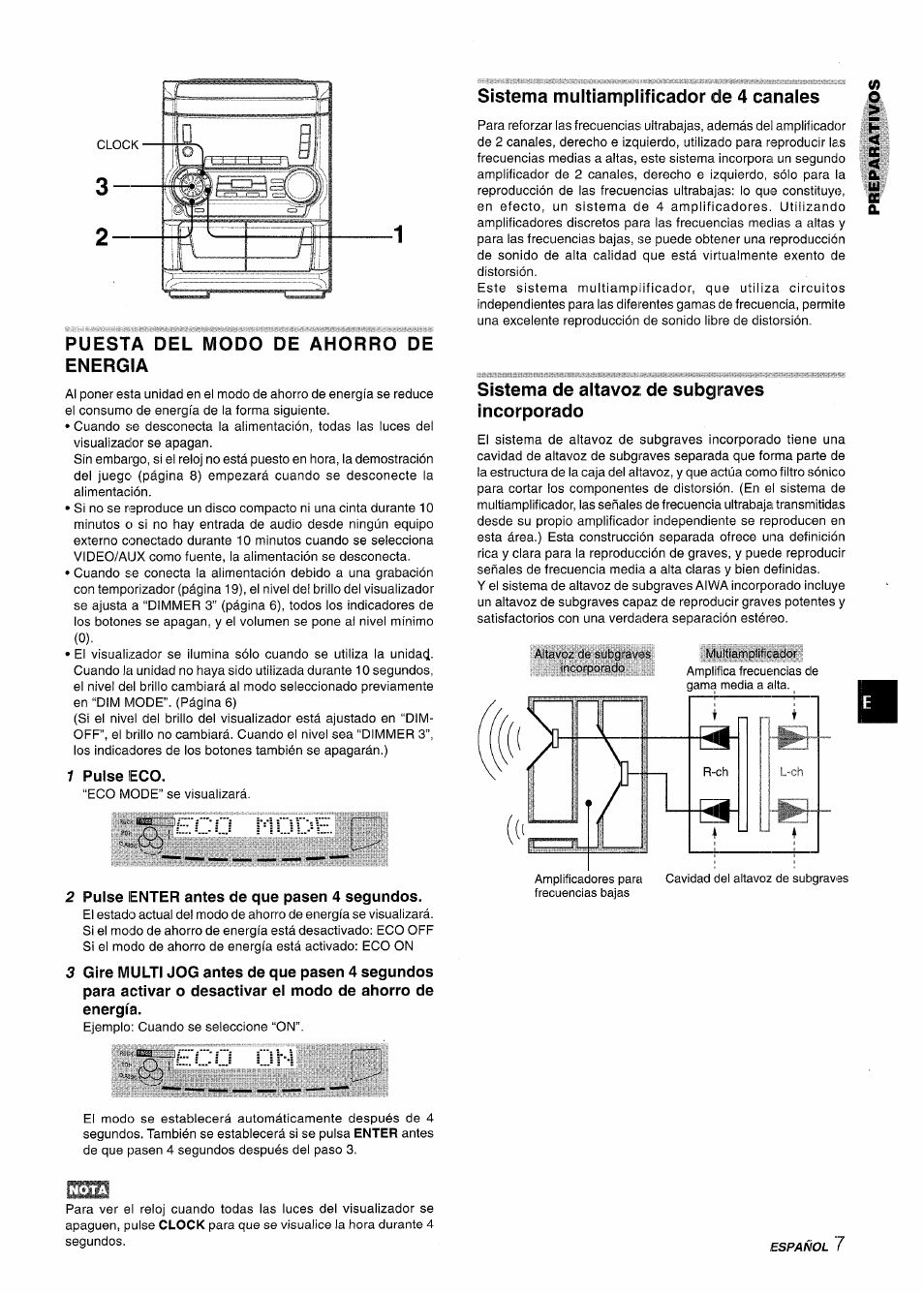 Puesta del modo de ahorro de energia, 1 pulse íeco, 2 pulse enter antes de que pasen 4 segundos | Sistema multiamplificador de 4 canales, Sistema de altavoz de subgraves incorporado, Eco mode, Ol-i | Aiwa NSX-A555 User Manual | Page 29 / 68