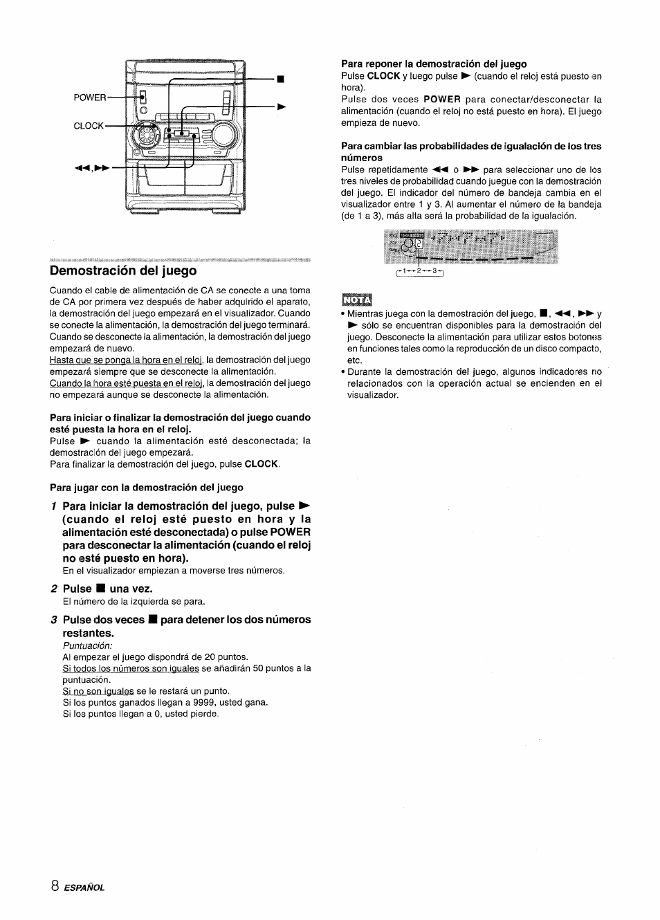 Para reponer la demostración del juego, Demostración del juego, Para jugar con la demostración del juego | Aiwa NSX-A555 User Manual | Page 30 / 68
