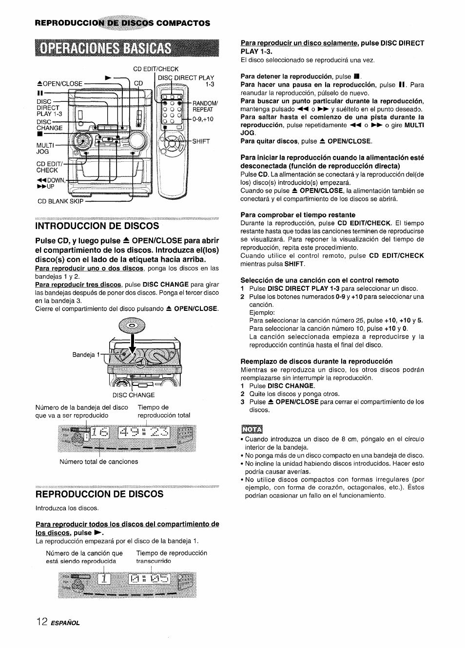 Operac, Introduccion de discos, Reproduccion de discos | Para detener la reproducción, pulse ii, Para comprobar ei tiempo restante, Selección de una canción con el control remoto, Reemplazo de discos durante la reproducción, 1 pulse disc change | Aiwa NSX-A555 User Manual | Page 34 / 68
