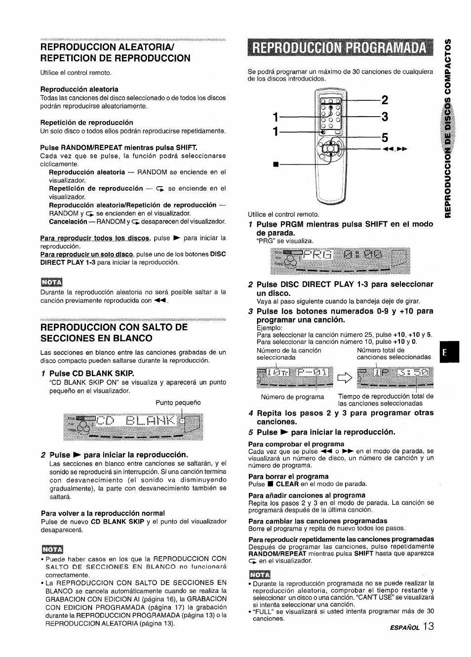 Reproduccion aleatoria/ repeticion de reproduccion, Reproducción aleatoria, Repetición de reproducción | Pulse random/repeat mientras pulsa shift, Reproduccion programada, Reproduccion con salto de secciones en blanco, Para volver a la reproducción normal, O d blpivm | Aiwa NSX-A555 User Manual | Page 35 / 68