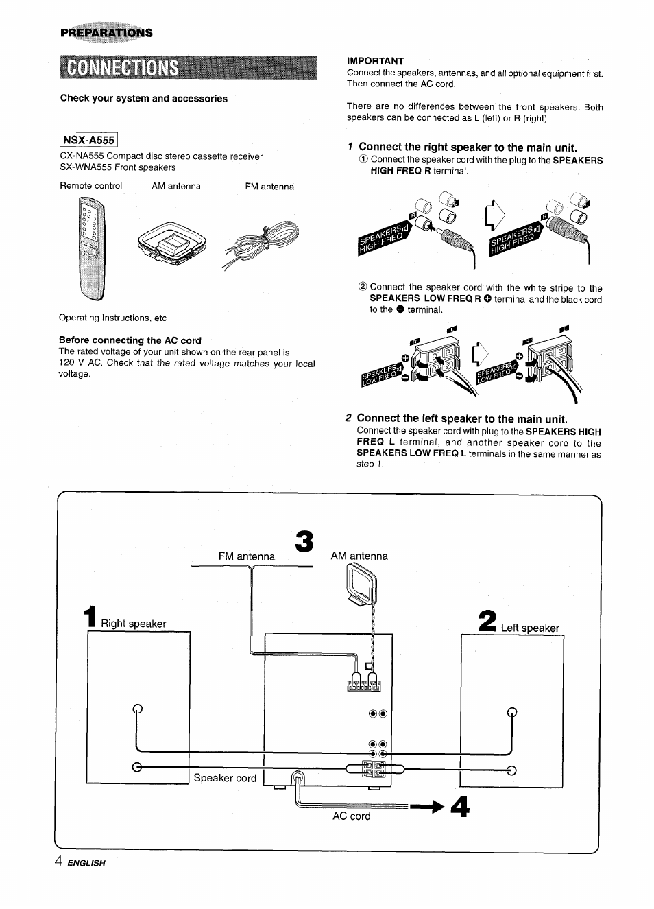 Nsx-a555, I connect the right speaker to the main unit, 2 connect the ieft speaker to the main unit | Preparations | Aiwa NSX-A555 User Manual | Page 4 / 68