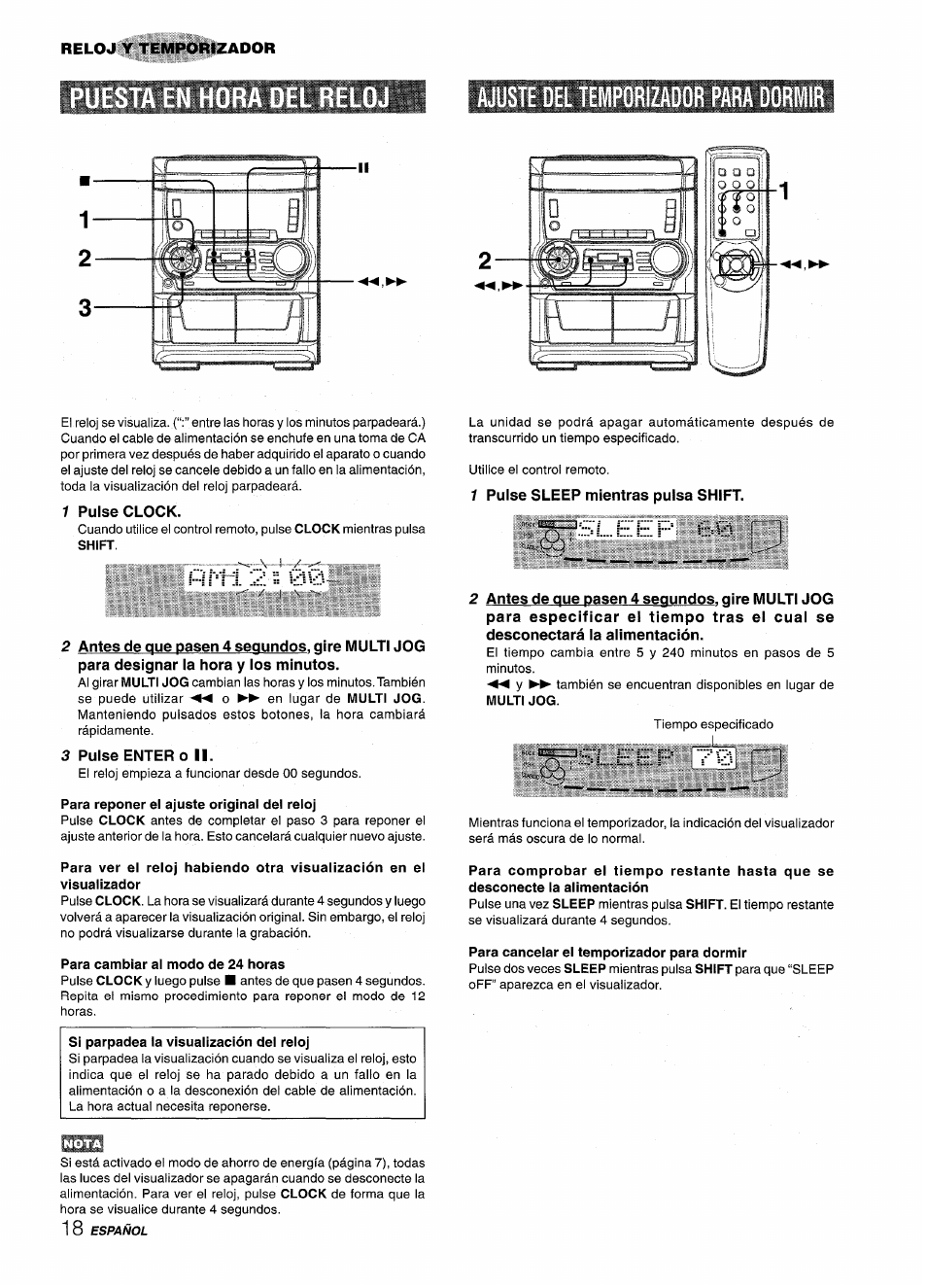 Ajuste del temporizador para dormir, 1 pulse clock, 3 pulse enter o ii | Para reponer el ajuste original del reloj, Para cambiar al modo de 24 horas, Si parpadea la visualización del reloj, Pulse sleep mientras pulsa shift, Para cancelar el temporizador para dormir, Fétáü!ljífn, Mp1 i 2 00 | Aiwa NSX-A555 User Manual | Page 40 / 68