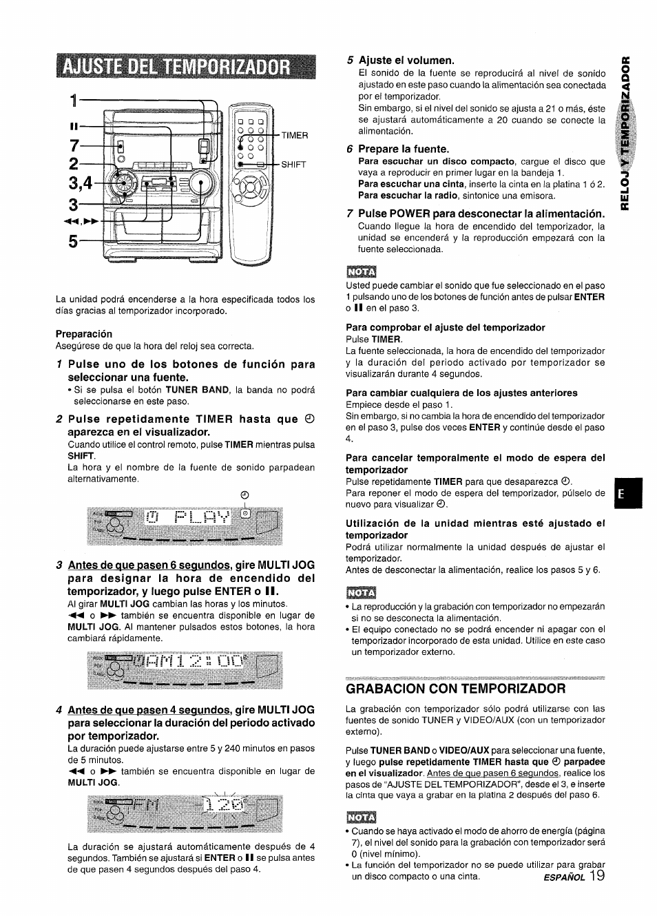 Preparación, Para cambiar cualquiera de los ajustes anteriores, Grabacion con temporizador | Ajus | Aiwa NSX-A555 User Manual | Page 41 / 68