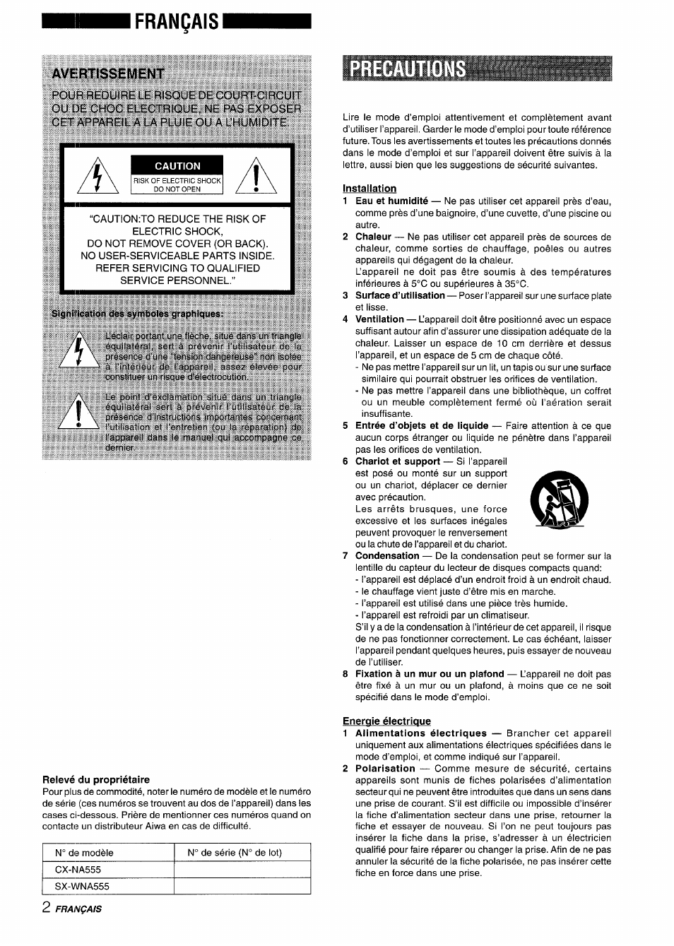 Français, Avertissement, Precaution | Installation, Energie électrique | Aiwa NSX-A555 User Manual | Page 46 / 68