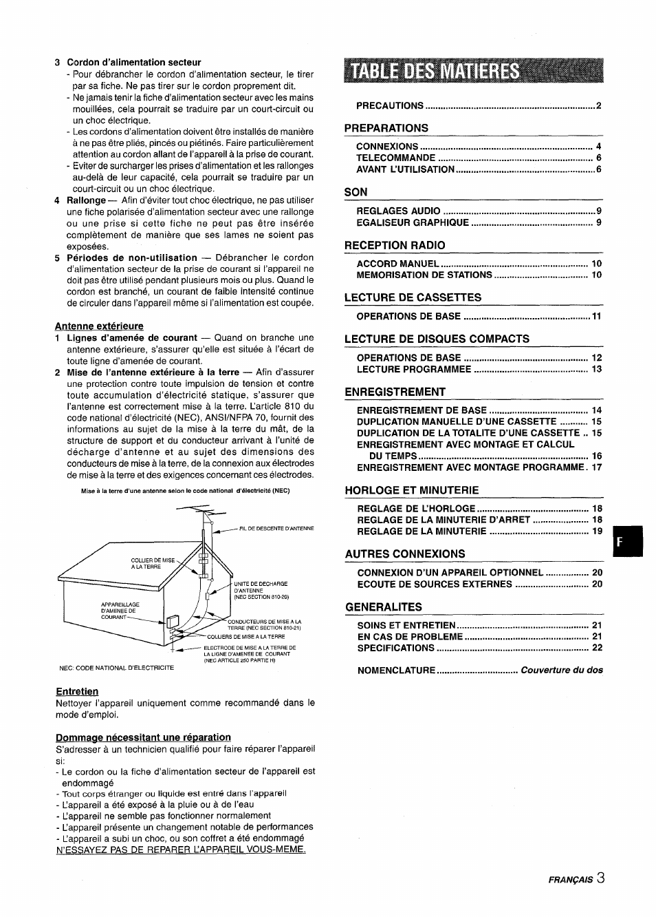 Table des matiere | Aiwa NSX-A555 User Manual | Page 47 / 68