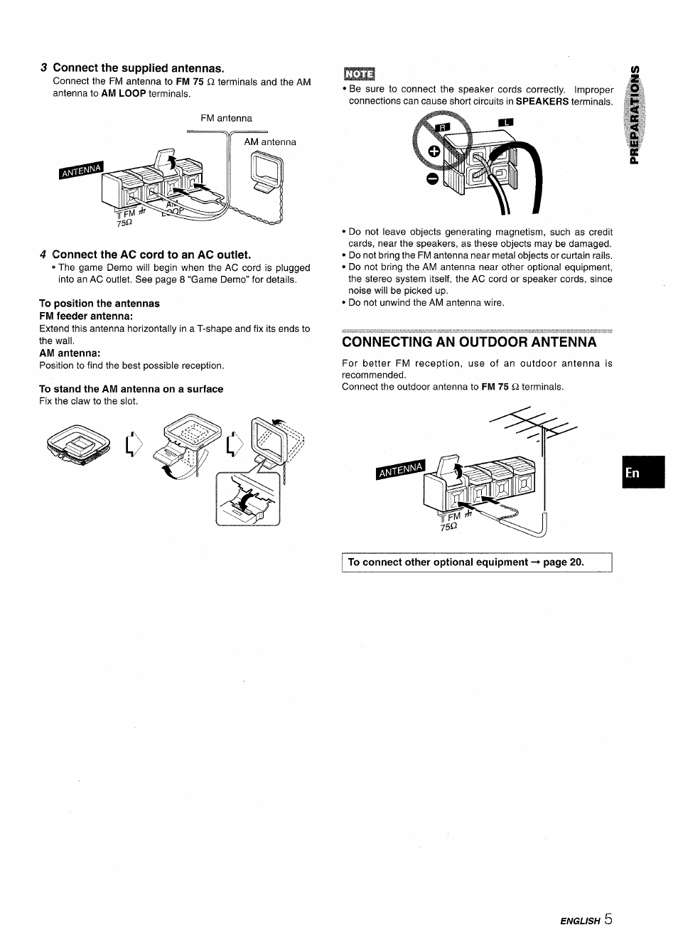 3 connect the supplied antennas, 4 connect the ac cord to an ac outlet, To position the antennas fm feeder antenna | To stand the am antenna on a surface, Connecting an outdoor antenna | Aiwa NSX-A555 User Manual | Page 5 / 68