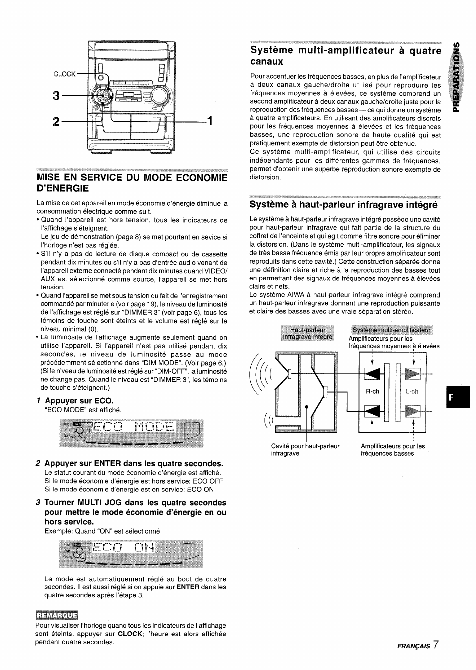 Mise en service du mode economie d’energie, 1 appuyer sur eco, 2 appuyer sur enter dans les quatre secondes | Système multi-amplificateur à quatre canaux, Système à haut-parleur infragrave intégré, Eco î'iode, Eco oh | Aiwa NSX-A555 User Manual | Page 51 / 68