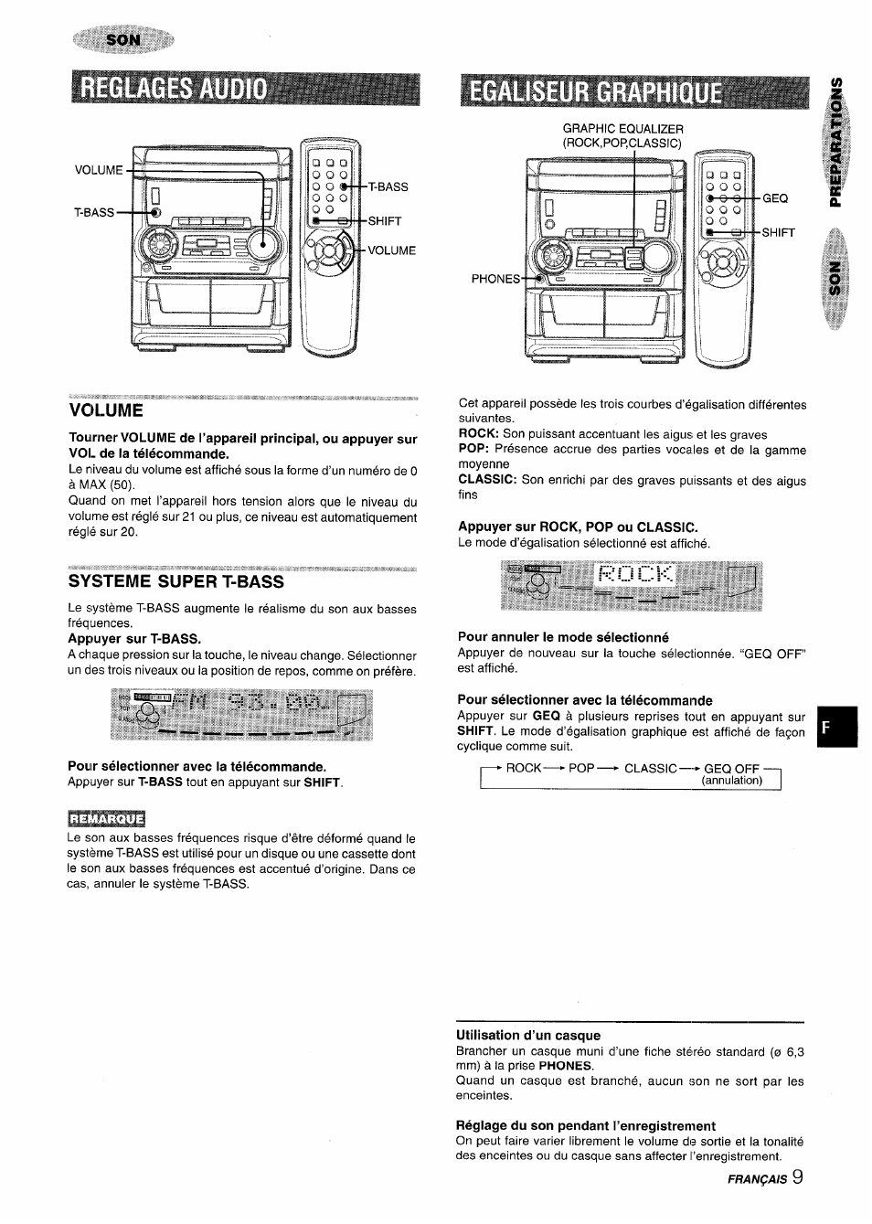 Reglages au, Egaliseur graphi, Pour sélectionner avec la télécommande | Appuyer sur rock, pop ou classic, Pour annuler le mode sélectionné, Utilisation d’un casque, Réglage du son pendant l’enregistrement, Reglages audio egaliseur graphique, Reglages au egaliseur graphi, R o c k | Aiwa NSX-A555 User Manual | Page 53 / 68