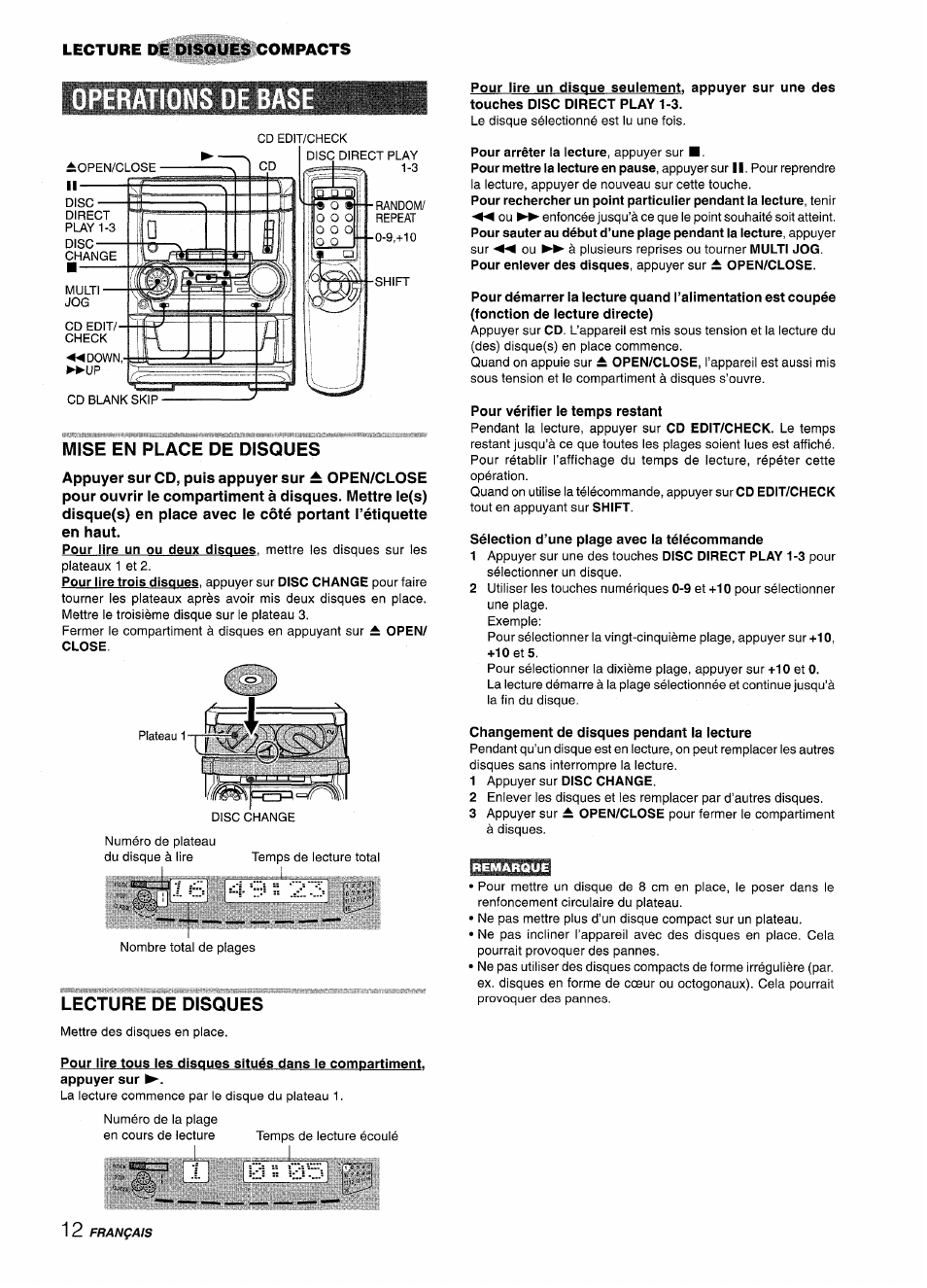 Operations de bas, Mise en place de disques, Lecture de disques | Pour vérifier ie temps restant, Sélection d’une plage avec la télécommande, Changement de disques pendant la lecture, Operations de base, I..................... i | Aiwa NSX-A555 User Manual | Page 56 / 68