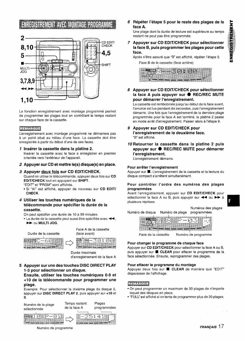 Pour arrêter l’enregistrement, Pour changer le programme de chaque face, Pour effacer le programme du montage | Aiwa NSX-A555 User Manual | Page 61 / 68