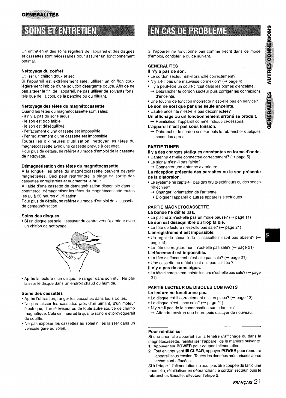 Nettoyage du coffret, Nettoyage des têtes du magnétocassette, Démagnétisation des têtes du magnétocassette | Soins des disques, Soins des cassettes, Generalites il n’y a pas de son, Partie tuner, Partie magnetocassette la bande ne défile pas, Pour réinitialiser, Generalites | Aiwa NSX-A555 User Manual | Page 65 / 68