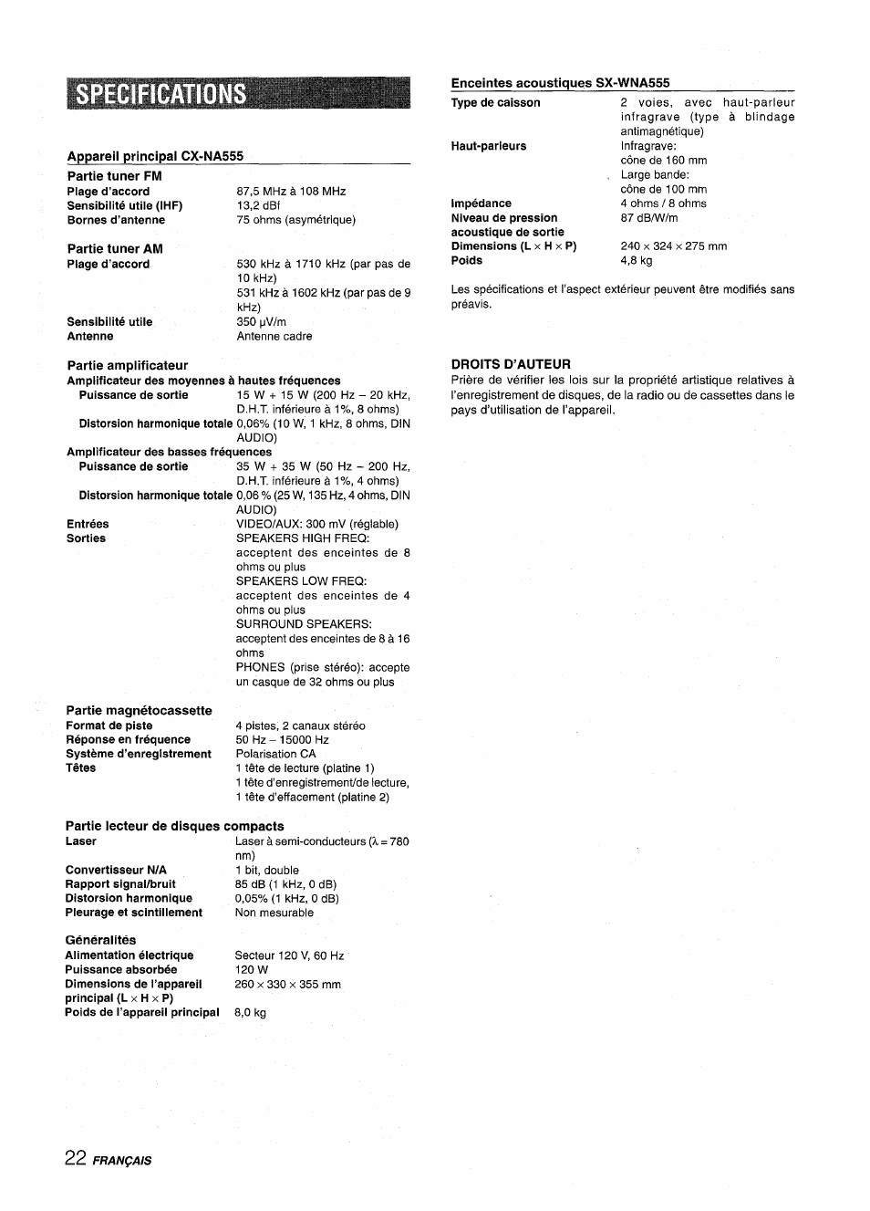 Specification, Enceintes acoustiques sx-wna555, Appareii principai cx-na555 | Partie ampiificateur, Partie lecteur de disques compacts, Droits d’auteur | Aiwa NSX-A555 User Manual | Page 66 / 68