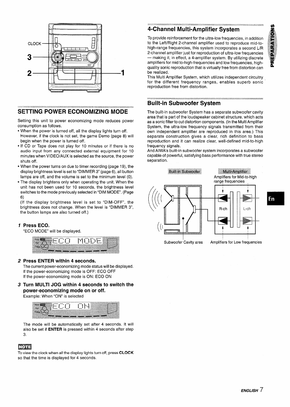 Channel multi-amplifier system, Setting power economizing mode, 1 press eco | 2 press enter within 4 seconds, Built-in subwoofer system, R=iode, Eco ui-.i | Aiwa NSX-A555 User Manual | Page 7 / 68