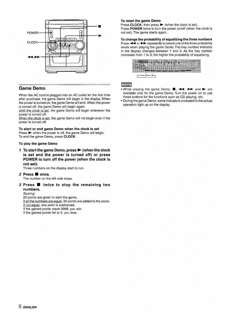To reset the game demo, To start or end game demo when the clock is set, To play the game demo | Game demo | Aiwa NSX-A555 User Manual | Page 8 / 68