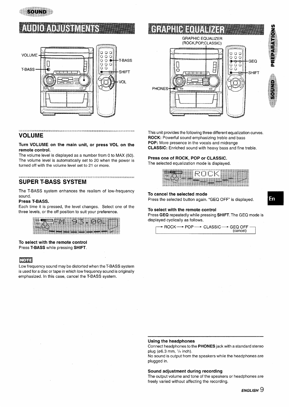 Audio adjust, Grap, Volume | Super t-bass system, Press one of rock, pop or classic, To cancel the selected mode, To select with the remote control, Using the headphones, Sound adjustment during recording, Audio adjustments | Aiwa NSX-A555 User Manual | Page 9 / 68