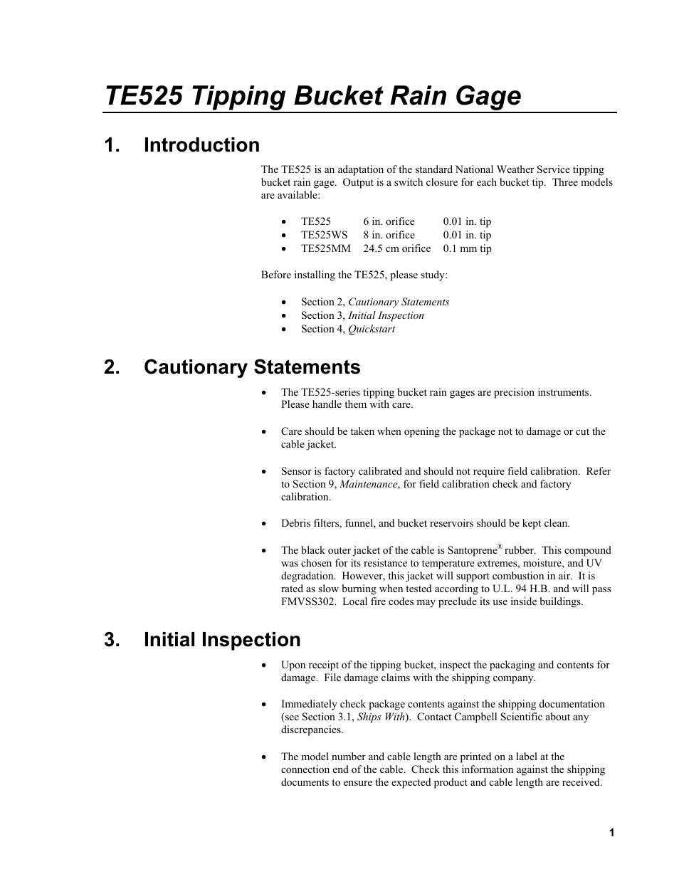 Introduction, Cautionary statements, Initial inspection | Te525 tipping bucket rain gage | Campbell Scientific TE525, TE525WS, and TE525MM Texas Electronics Rain Gages User Manual | Page 7 / 24