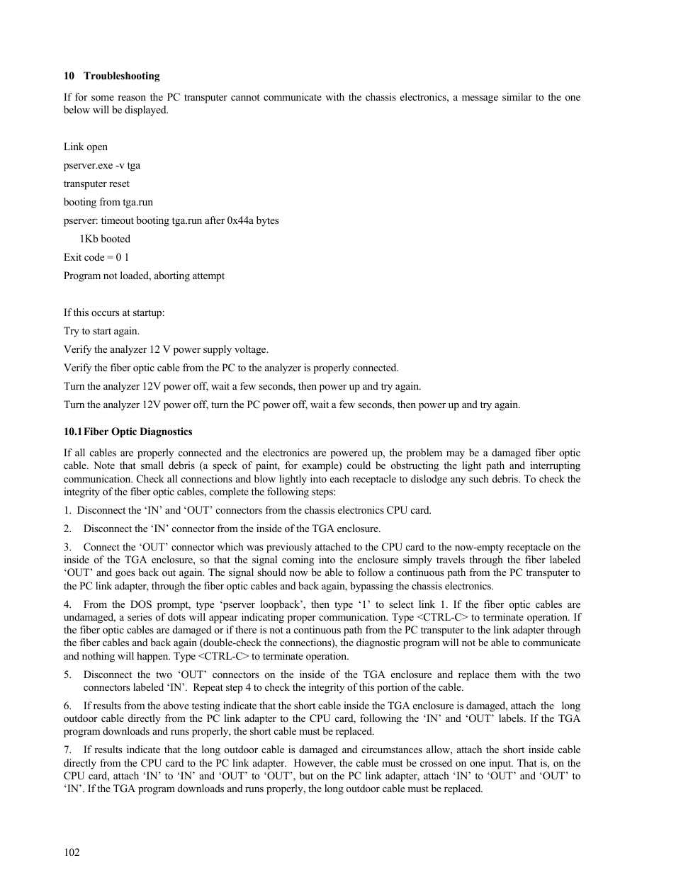 Troubleshooting, Fiber optic diagnostics, 10 troubleshooting 102 | Fiber optic diagnostics 102 | Campbell Scientific TGA100 Trace Gas Analyzer Manual User Manual | Page 102 / 115