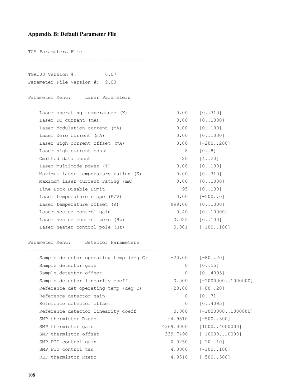 Appendix b: default parameter file, Appendix b: default parameter file 108 | Campbell Scientific TGA100 Trace Gas Analyzer Manual User Manual | Page 108 / 115