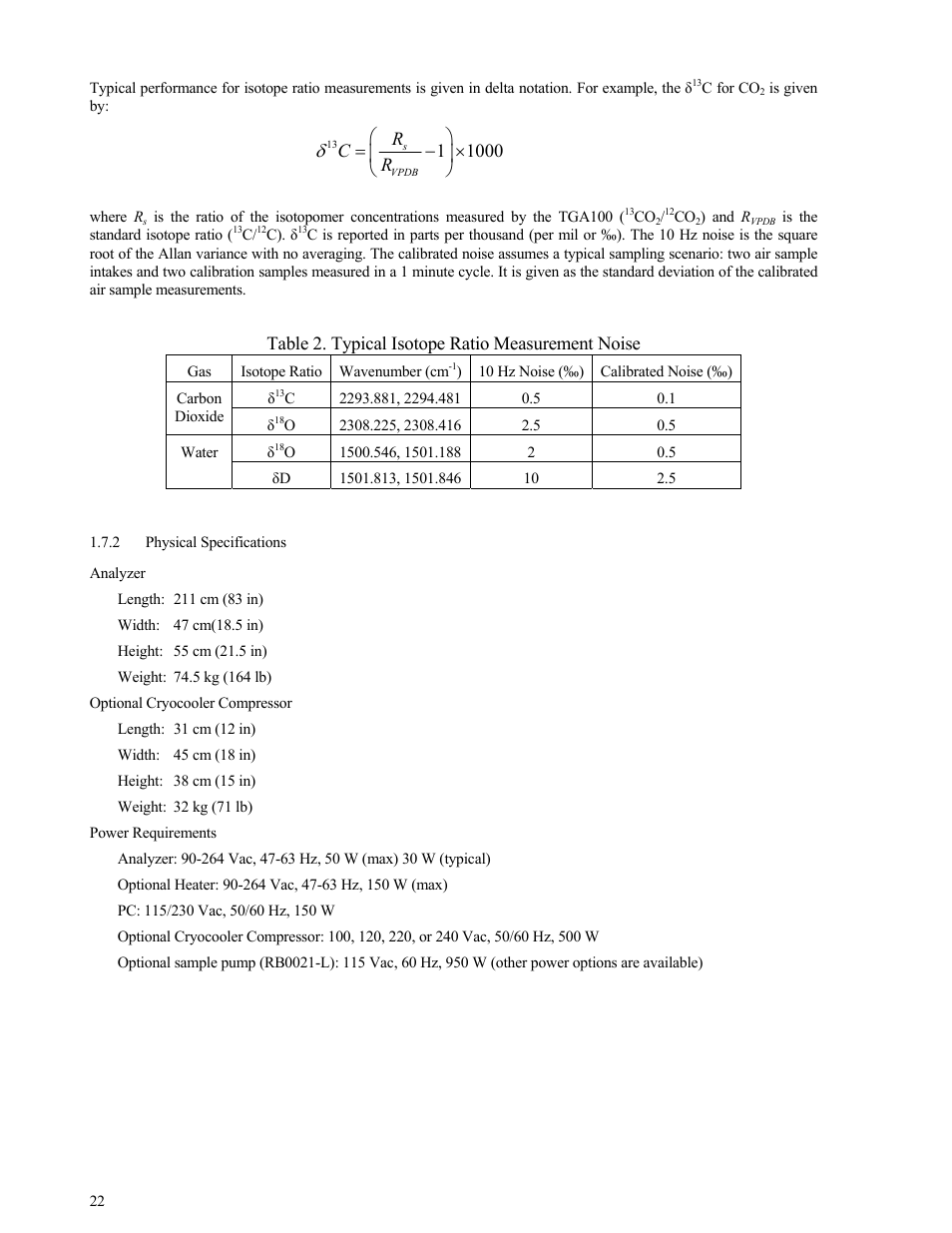 Physical specifications, Rc r, Table 2. typical isotope ratio measurement noise | Campbell Scientific TGA100 Trace Gas Analyzer Manual User Manual | Page 22 / 115