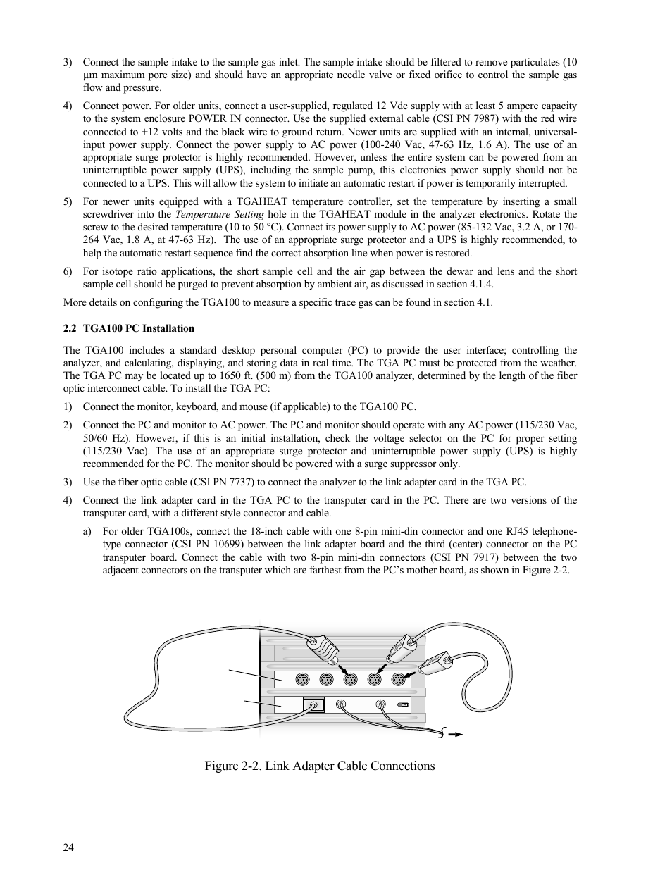 Tga100 pc installation, Tga100 pc installation 24, Single stand-alone system | Figure 2-2. link adapter cable connections | Campbell Scientific TGA100 Trace Gas Analyzer Manual User Manual | Page 24 / 115