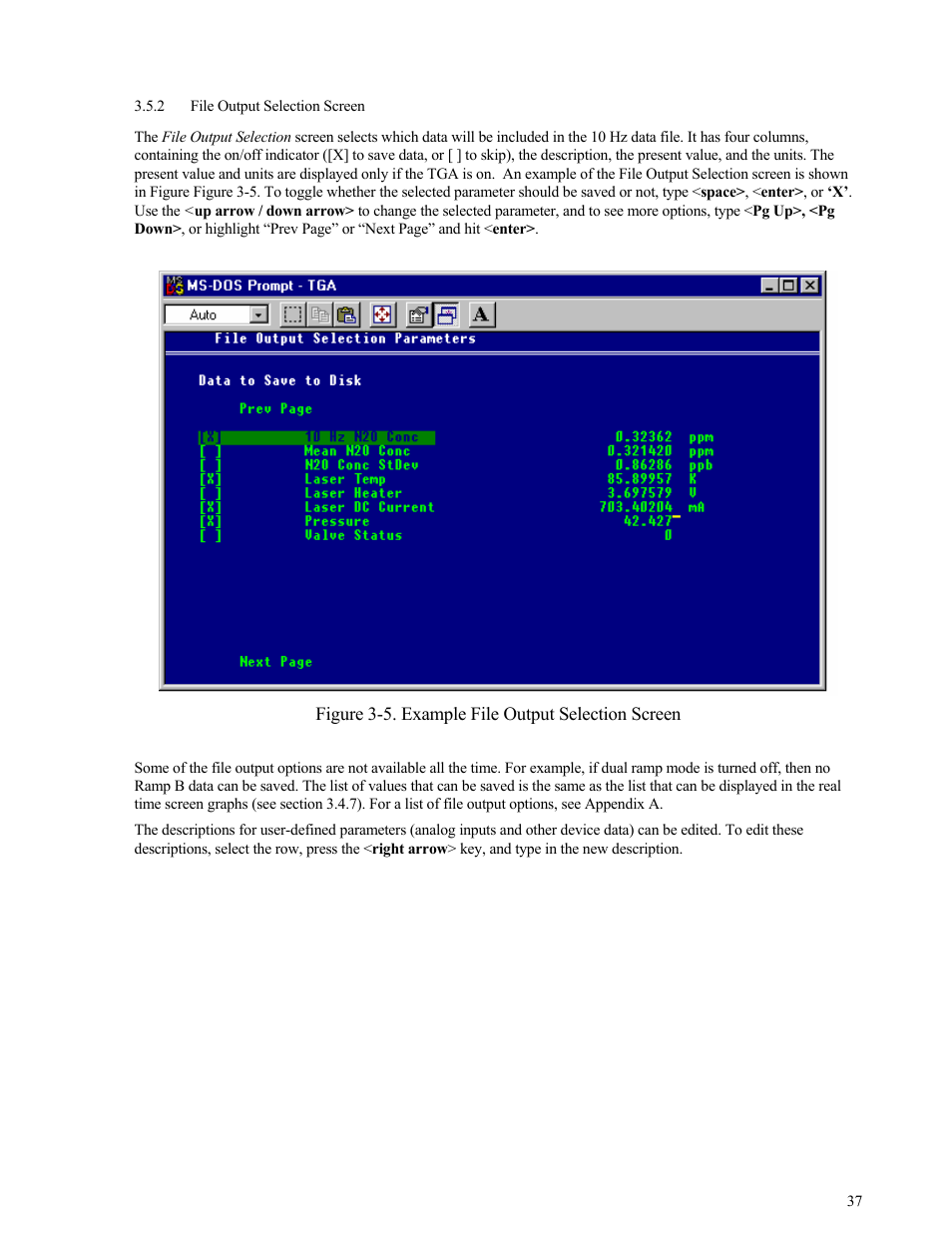 File output selection screen | Campbell Scientific TGA100 Trace Gas Analyzer Manual User Manual | Page 37 / 115