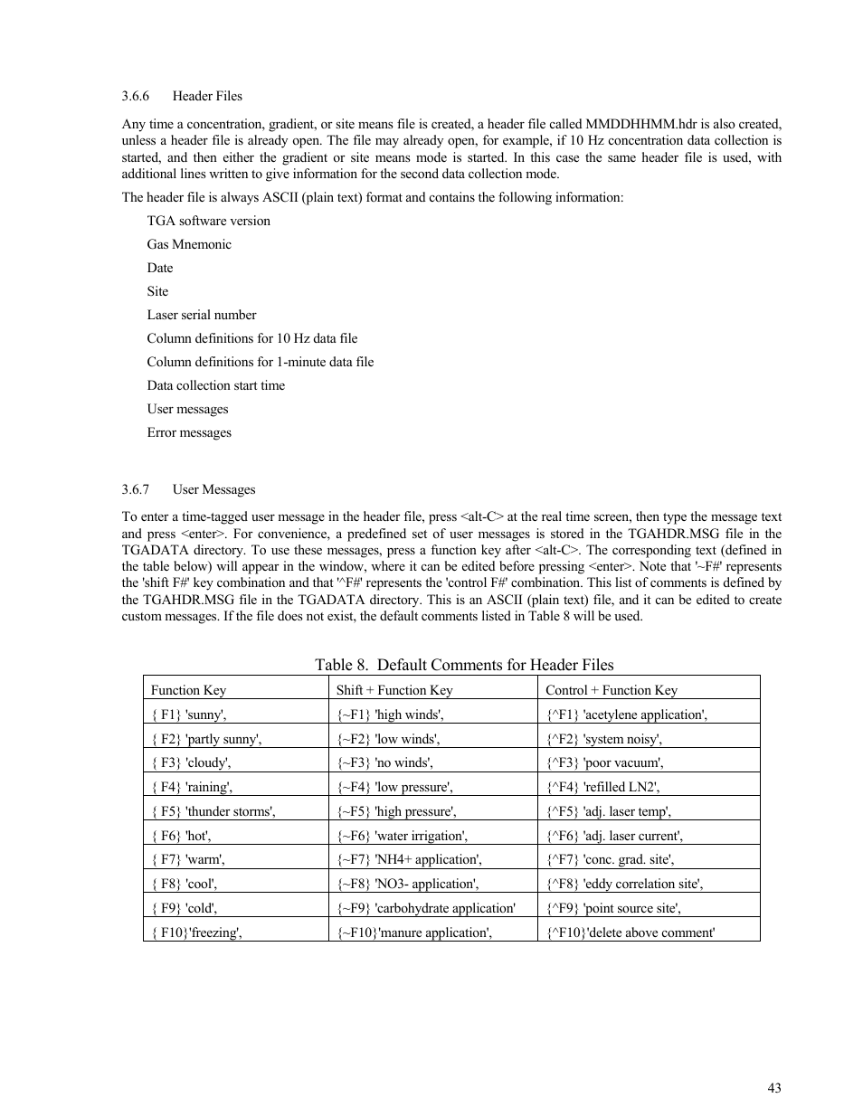 Header files, User messages, Header files 43 | User messages 43, On 3.6.7 for a l | Campbell Scientific TGA100 Trace Gas Analyzer Manual User Manual | Page 43 / 115