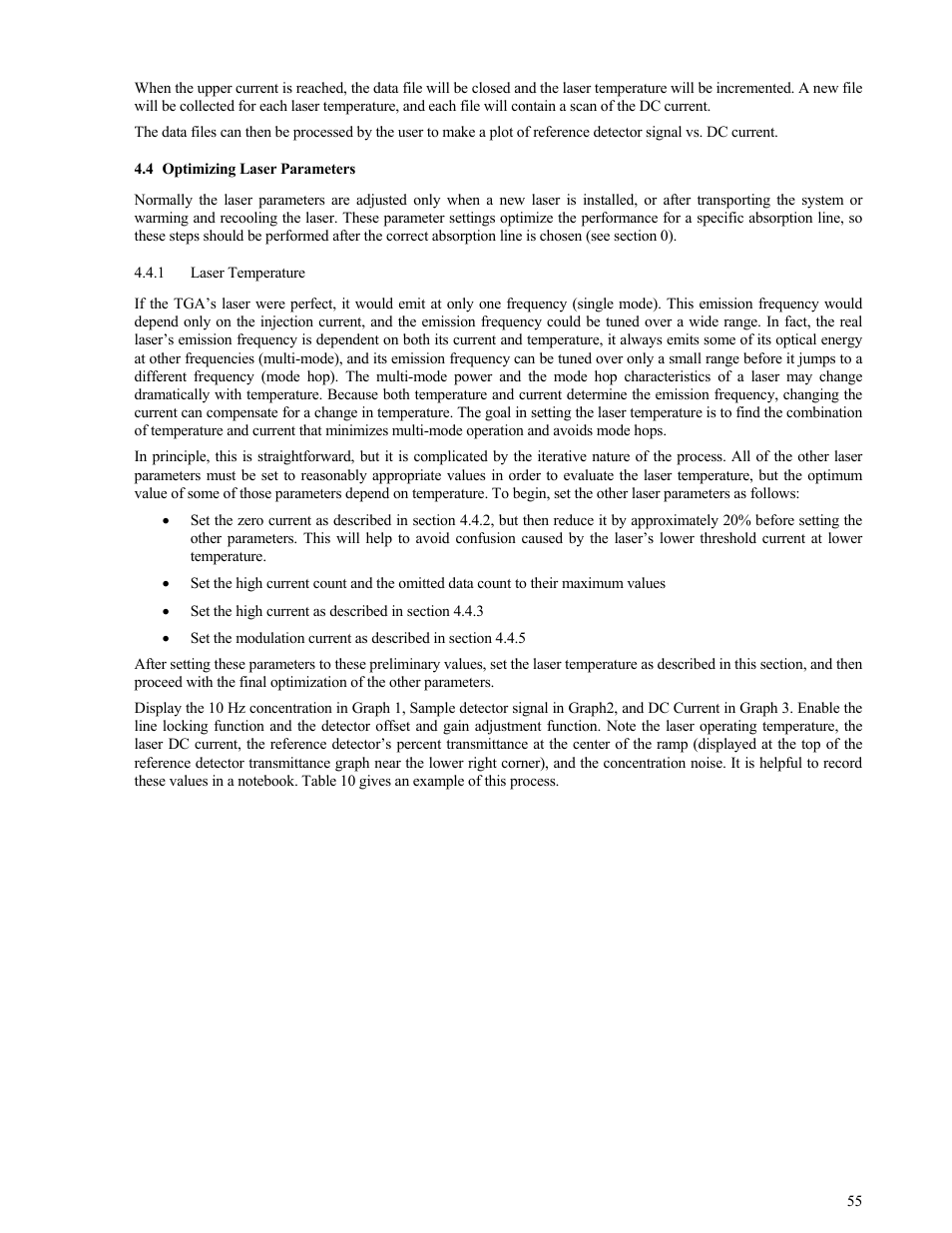 Optimizing laser parameters, Laser temperature, Optimizing laser parameters 55 | On 4.4.), Ons 4.4 and 4.5) | Campbell Scientific TGA100 Trace Gas Analyzer Manual User Manual | Page 55 / 115